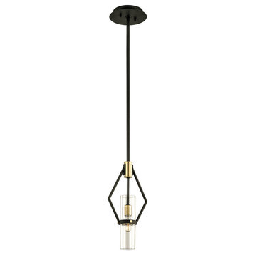 Raef 15" Pendant, Textured Bronze and Brushed Brass Finish, Clear Glass