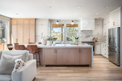 サンディエゴにある中くらいなトランジショナルスタイルのおしゃれなキッチン (アンダーカウンターシンク、シルバーの調理設備、クッションフロア、茶色い床) の写真