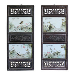 Chinese Vintage Pair Porcelain Wood Wall Panels Art - Wall Accents