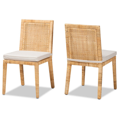 Sofia Modern Natural Finished Wood and Rattan 2-Piece Dining Chair Set