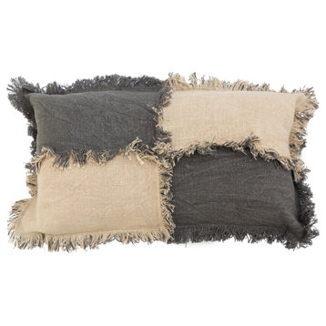 Woven Cotton Slub Color Block Lumbar Pillow with Fringe, Beige and Charcoal