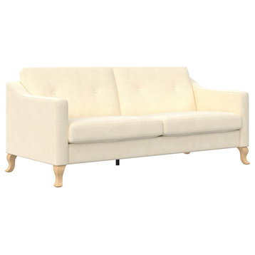 Mid Century Modern Sofa, Natural Wooden Legs With White Linen Upholstered Seat