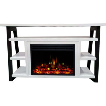32-In.Electric Fireplace Mantel With Log Display and Flames, White and Black