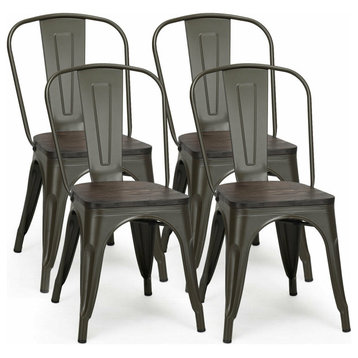 Costway Set of 4 Tolix Style Metal Dining Side Chair Wood Seat Stackable Bistro