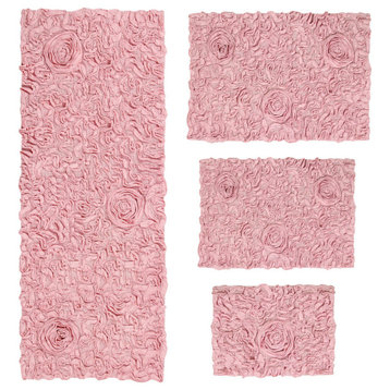 Bell Flower Collection Tufted Bath Rugs, 4-Piece Set With Runner, Pink