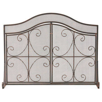 Gary Modern 3-Panel Iron Fire Screen With Door, Black Copper Finish