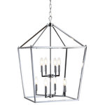 JONATHAN Y - Pagoda Lantern Metal LED Pendant, Chrome, Width: 20" - This classic lantern pendant light features a metal caged frame of negative space with exposed bulbs that illuminate from within the center. The shape of the fixture is inspired by iconic street oil lanterns. The pendant light suspends from a chain link that is adjustable to allow the fixture to hang only 34"down, or up to 106" from your ceiling, where it anchors with a round metal canopy.