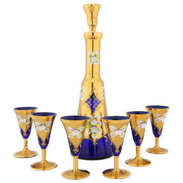 GlassOfVenice Murano Glass Decanter Set With Six Small Glasses 24K Gold Leaf - B