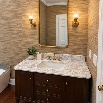 Elegant Transitional Guest Bathroom with Grasscloth Wallpaper