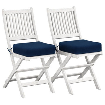 CorLiving Miramar White Wood Patio Folding Chairs with Blue Cushions - Set of 2