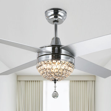 42" Dimmable Reversible Crystal Ceiling Fan With LED Light, Remote Control, Chrome