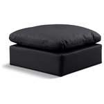 Meridian Furniture - Indulge Upholstered Modular Chair, Black, Fiber Stuffed Vegan Leather, Ottoman - Experience ultimate comfort and style with our black vegan leather Indulge Ottoman. The luxurious vegan leather will elevate the aesthetic of any room. This ottoman provides ample space for you to relax while its modular build offers the option of unlimited configurations. Whether you're looking to add a stylish element to your living room or a comfortable seating option to your bedroom, this ottoman is the perfect choice.