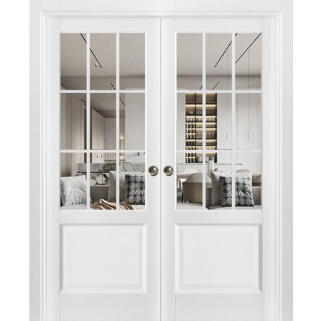 Sliding Interior Double Pocket Doors|Felicia 3599 White Silk with Clear Glass