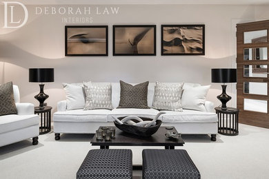 Photo of a large contemporary formal open concept living room in Berkshire with carpet and a wall-mounted tv.