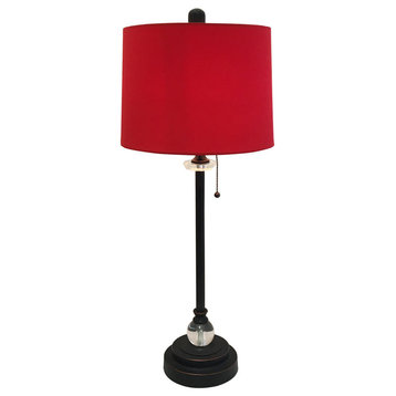 28" Crystal Buffet Lamp With Red Drum Shade, Oil Rubbed Bronze, Single