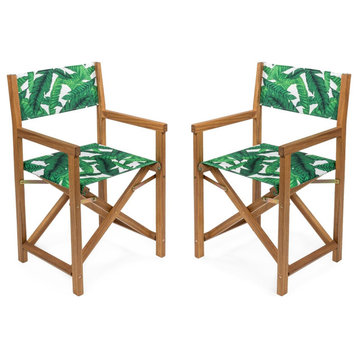 2 Pack Patio Folding Director Chair, Teak Oiled Acacia Frame, Green Leaf