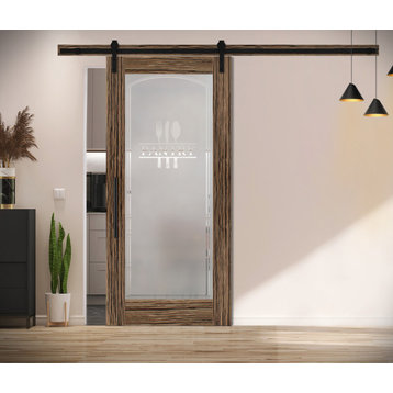 Pantry Barn Door with Glass Insert with 8 Different Private Frosted Design, 34"x84", Stainless Steel Hardware, Semi-Private