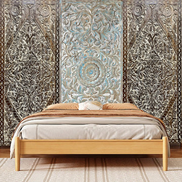 Rustic Modern Coastal: Carved Doors in Raw Woods with a Pop of Color