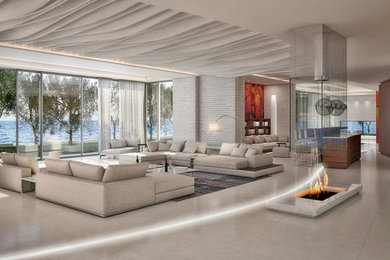 Inspiration for a large contemporary living room in Miami with white walls, marble floors and a wall-mounted tv.