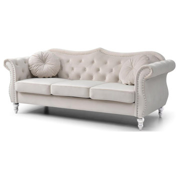 Hollywood 82 in. Ivory Velvet Chesterfield 3-Seater Sofa with 2-Throw Pillow