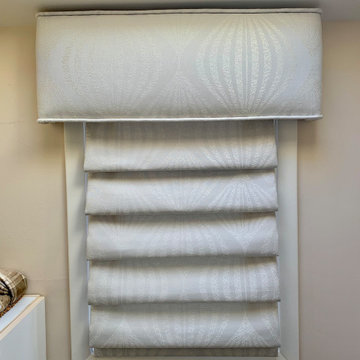 Straight Cornice with a Hobbled Roman Shade Underneath in Powder Room