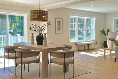 Inspiration for a mid-sized transitional light wood floor and beige floor kitchen/dining room combo remodel in Boston with white walls, a standard fireplace and a plaster fireplace