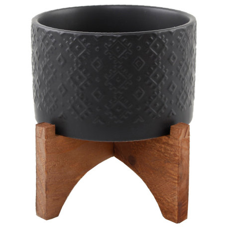 5" Indian Ceramic Planter On Wood Stand, Matte Black