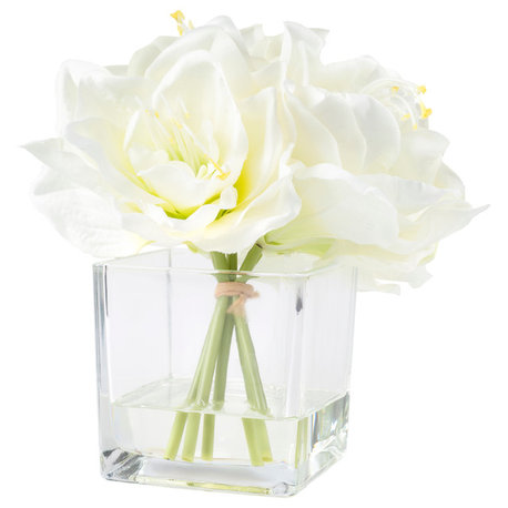 Pure Garden Lily Floral Arrangement With Glass Vase, Cream