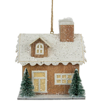 4" Battery Operated Tan Brown and White Lighted House Christmas Ornament