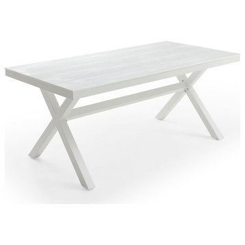 Outdoor Dining Table, X-Shaped Trestle Base With Grooved Hips Plastic Top, White