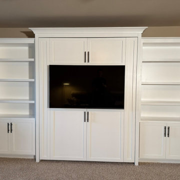 Custom Vertical Queen Murphy Bed, Featuring Open Shelving and Cabinet Storage On