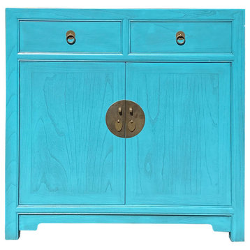 Chinese Simple Narrow Pastel Blue 2 Drawers Side Table Cabinet Hcs7428