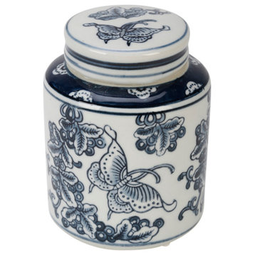 Blue and White Butterfly Jar With Lid