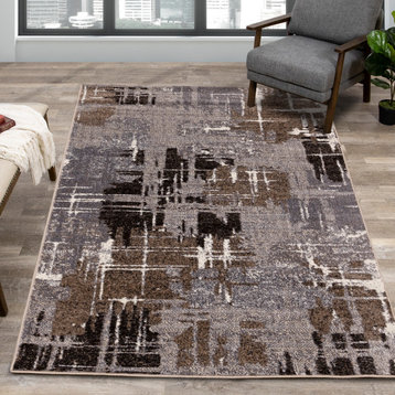 May Collection Cream Gray Taupe Distressed Rug, 5'3"x7'7"