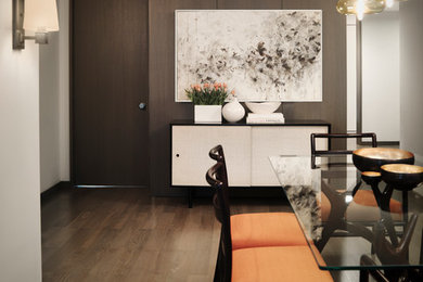 Example of a mid-sized transitional dark wood floor kitchen/dining room combo design in New York with brown walls and no fireplace