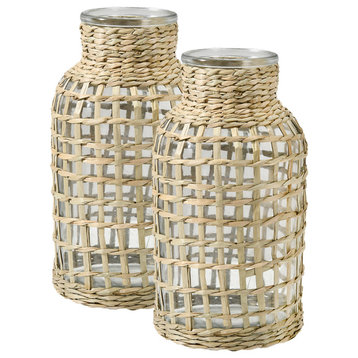 Serene Spaces Living Natural Rattan Wrapped Glass Bottle Vase, Small, Set of 2