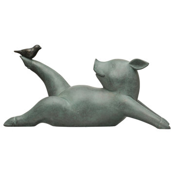 Decorative Yoga Pig with Bird, Grey