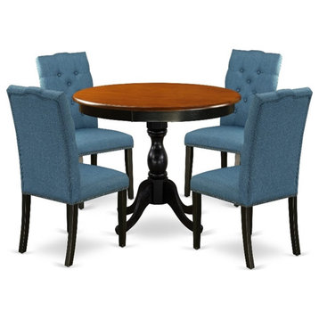 AMEL5-BCH-21 - Dining Table and 4 Blue Linen Fabric Chair - Black Finish