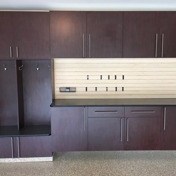Garage with mudroom-style locker cabinets In Naperville, IL