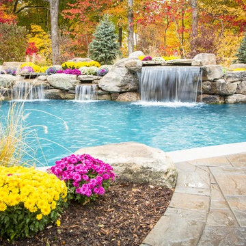 Freeform swimming pool with a raised spa and grotto, Mahwah, NJ