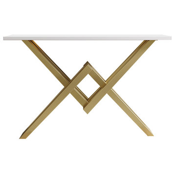 47.2" Narrow Rectangle Console Table with Wooden Top and Gold Metal Base, White