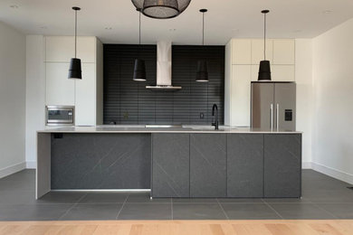 Example of a minimalist galley eat-in kitchen design in Ottawa with flat-panel cabinets, gray cabinets, quartz countertops, black backsplash, ceramic backsplash, stainless steel appliances, an island and gray countertops