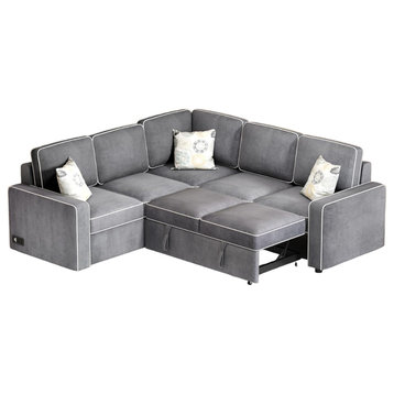 Comfortable Sectional Sleeper Sofa, Linen Upholstered Seat With USB Ports, Gray