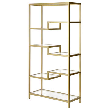 Contemporary Bookcase, Unique Design & Open Shelves With Glass Panels, Gold