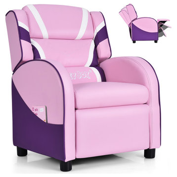 Kids Recliner Chair Gaming Sofa PU Leather Armchair w/Side Pockets Pink