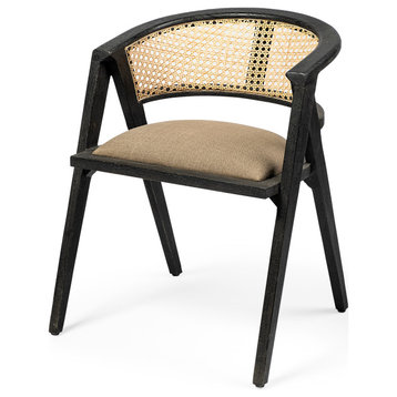 Tabitha Beige Fabric With Black Solid Wood Frame and Cane Back Dining Chair