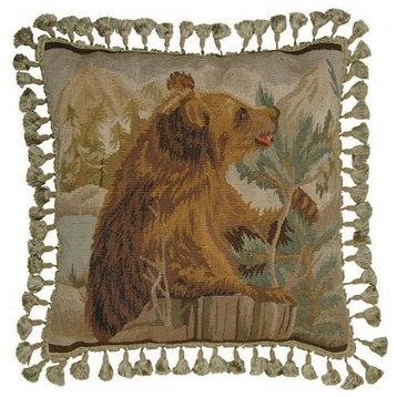 Throw Pillow Aubusson Bear 22x22 Olive Green Brown Bronze Down