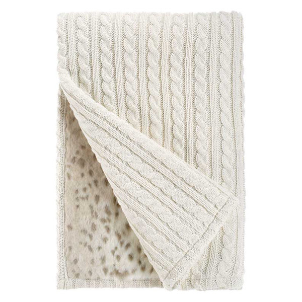 Ivory Cable Knit & Lynx Faux Fur Cozy Throw Blanket by Fabulous Furs