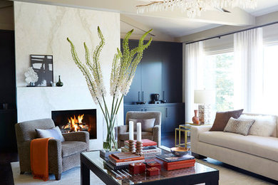 Living room - large contemporary open concept dark wood floor living room idea in Boston with no tv