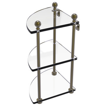 Mambo 3 Tier Corner Glass Shelf, Antique Brass